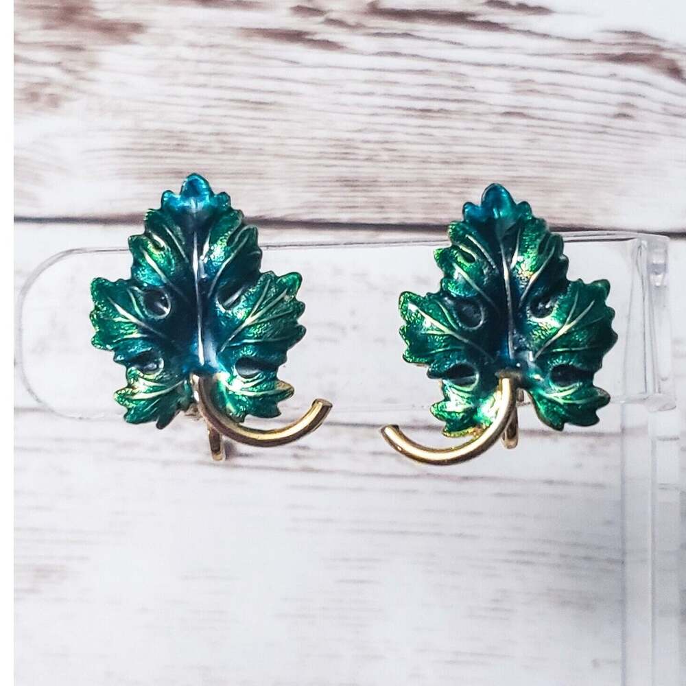 Vintage Clip On Earrings - Stunning Large Green Leaf 1" Whimsical